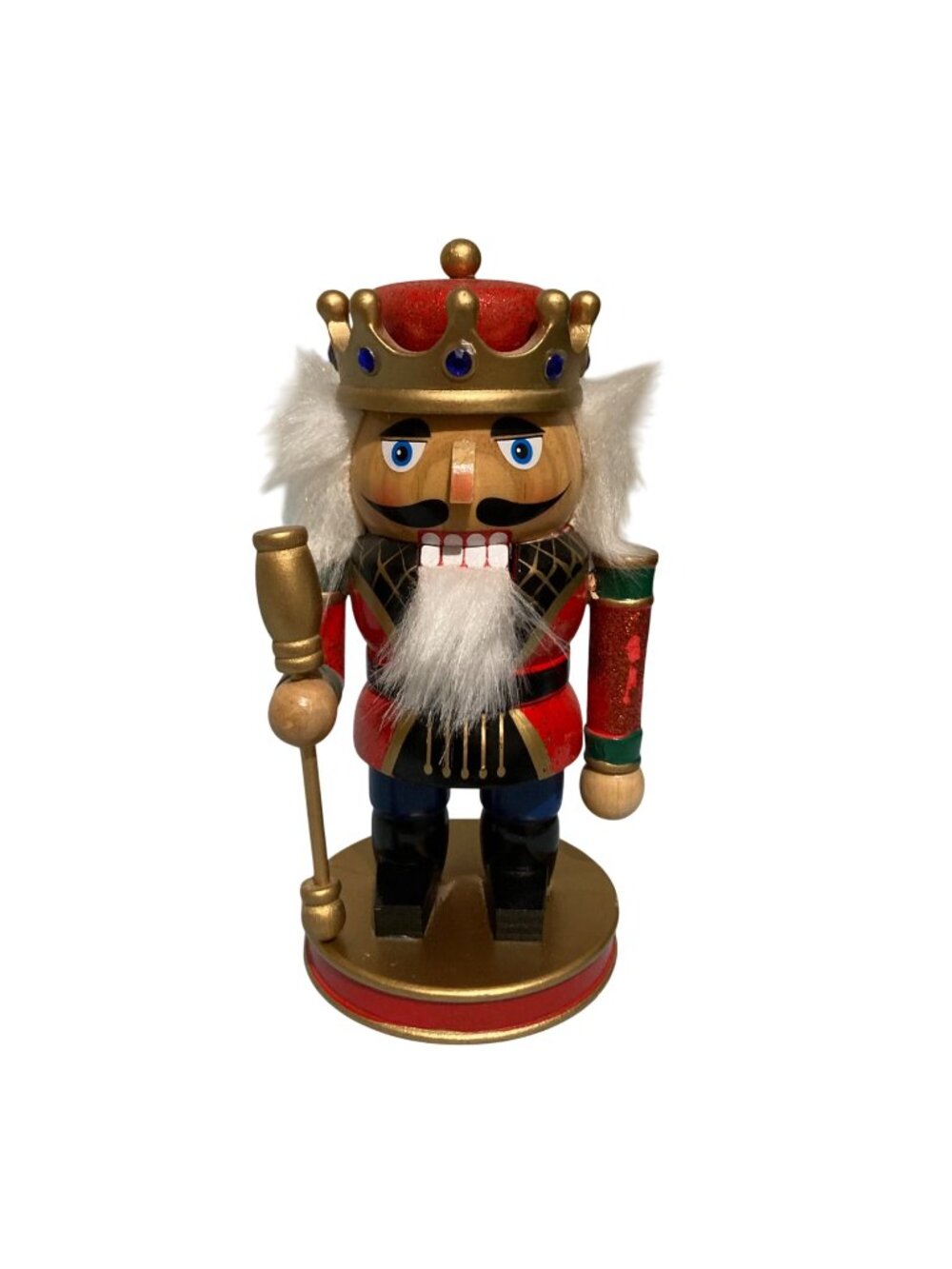 Vintage Christmas Wood King Nutcracker Figurine With Gold Crown And Staff